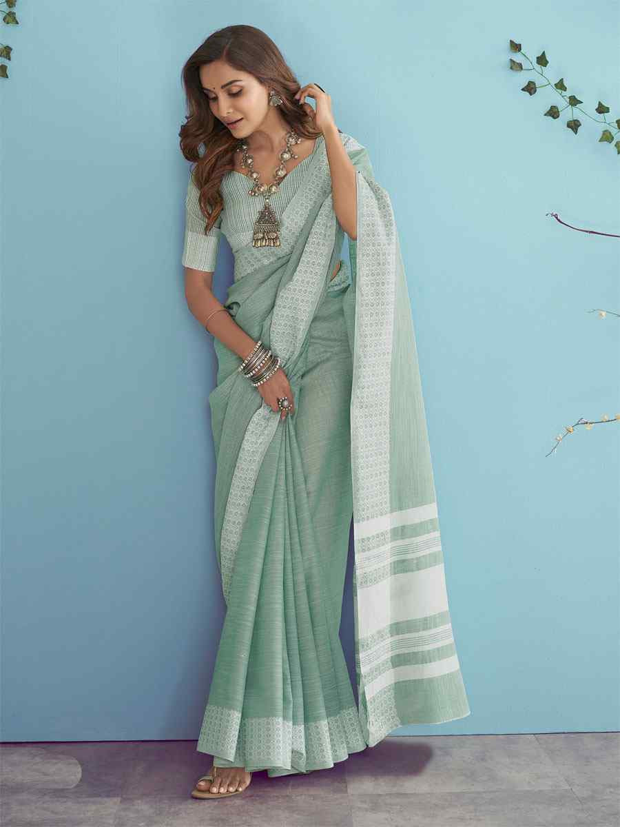Sea Green Linen Silk Embroidery Festival Wedding Fancy Heavy Border Saree