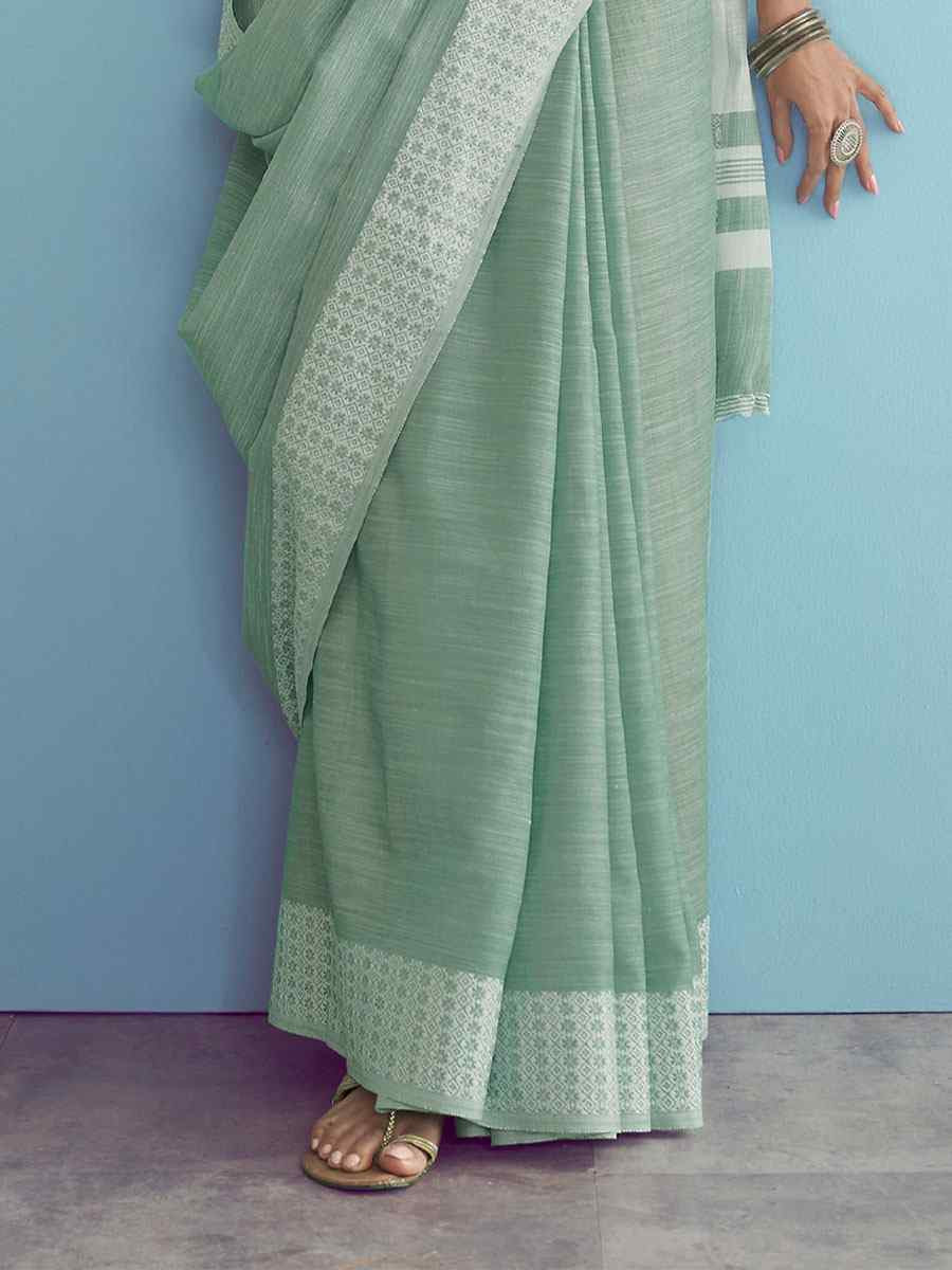 Sea Green Linen Silk Embroidery Festival Wedding Fancy Heavy Border Saree