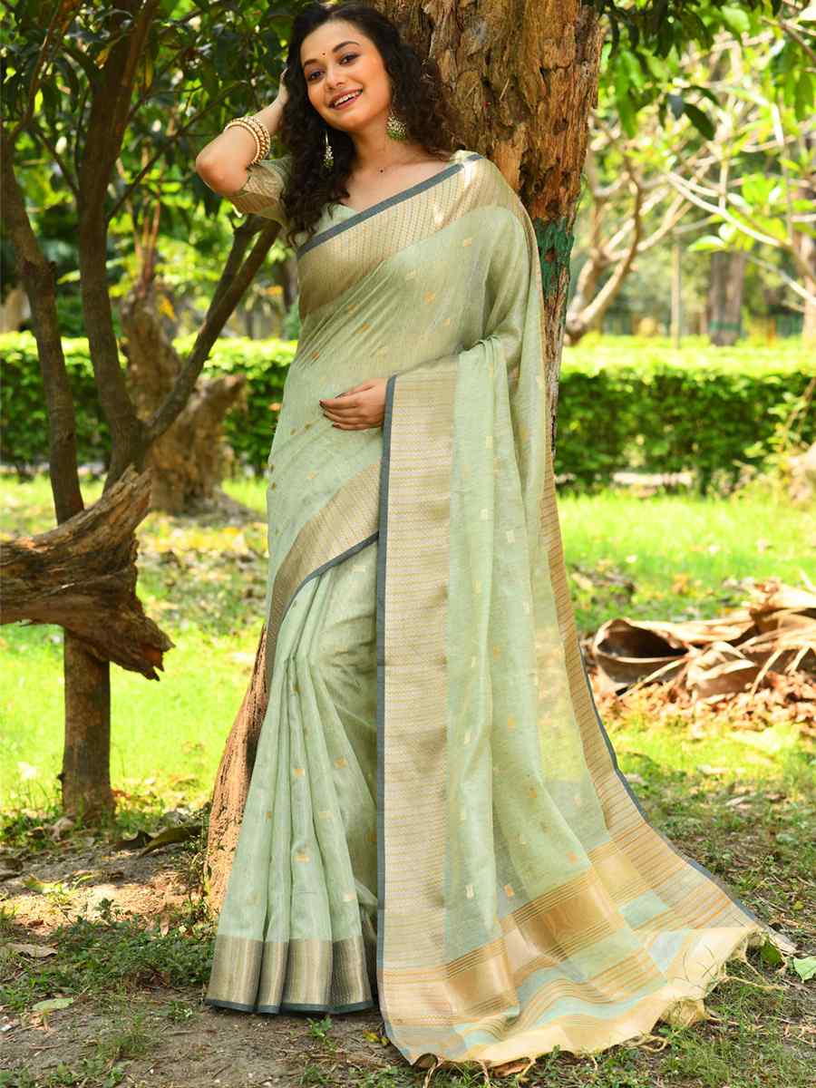 Sea Green Linen Silk Printed Casual Festival Contemporary Saree