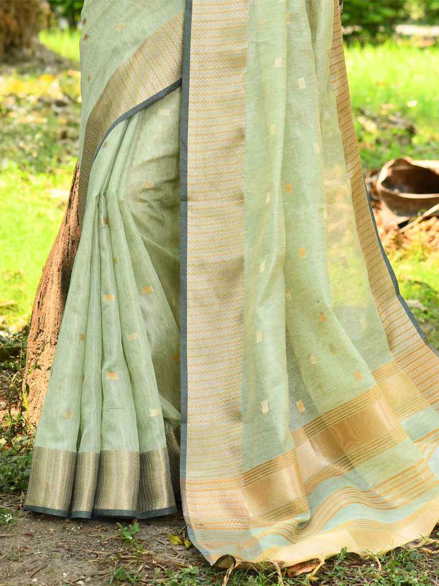 Sea Green Linen Silk Printed Casual Festival Contemporary Saree