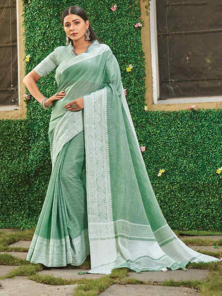 Sea Green Linen Zari Wedding Festival Classic Style Saree