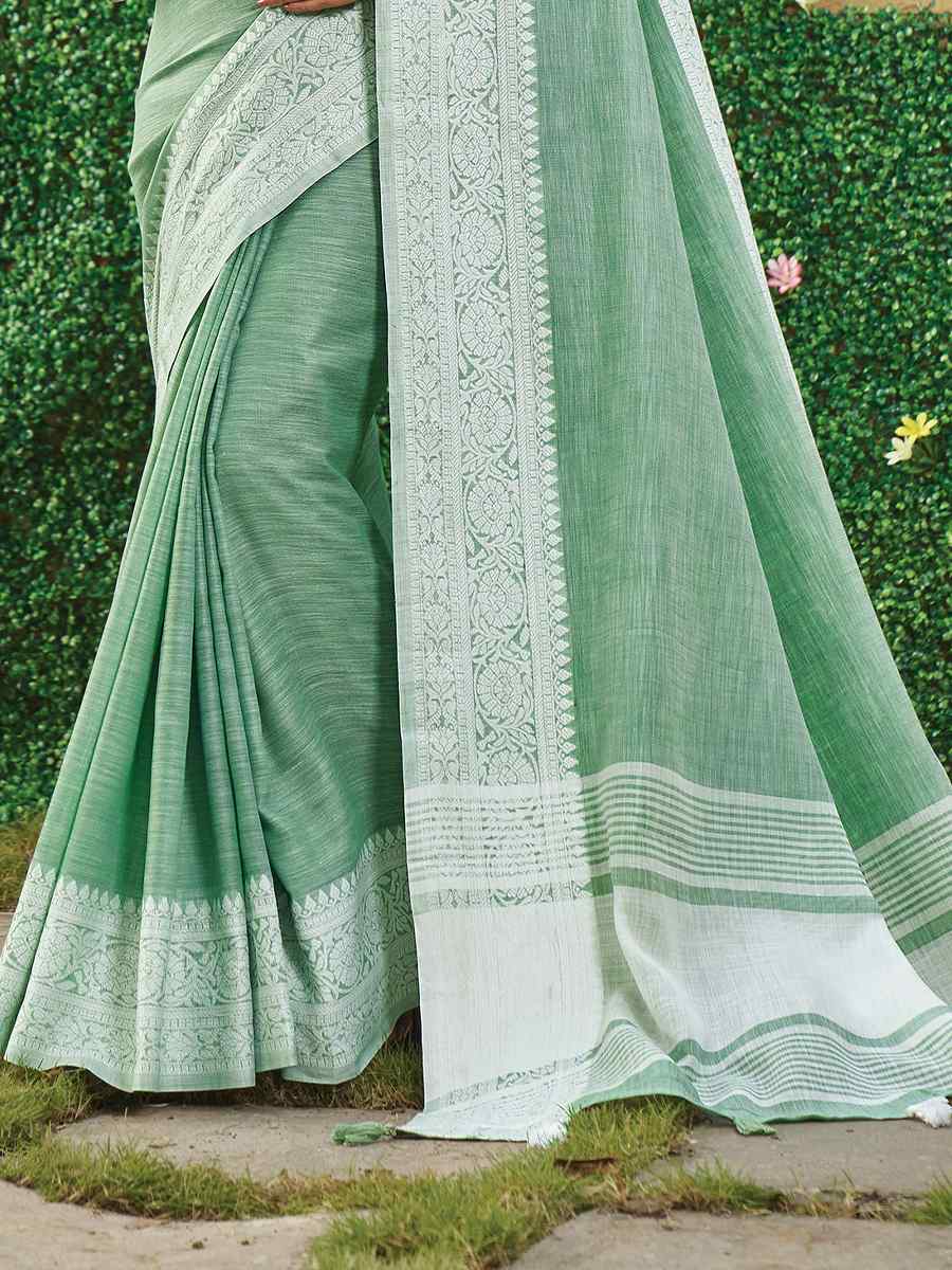 Sea Green Linen Zari Wedding Festival Classic Style Saree