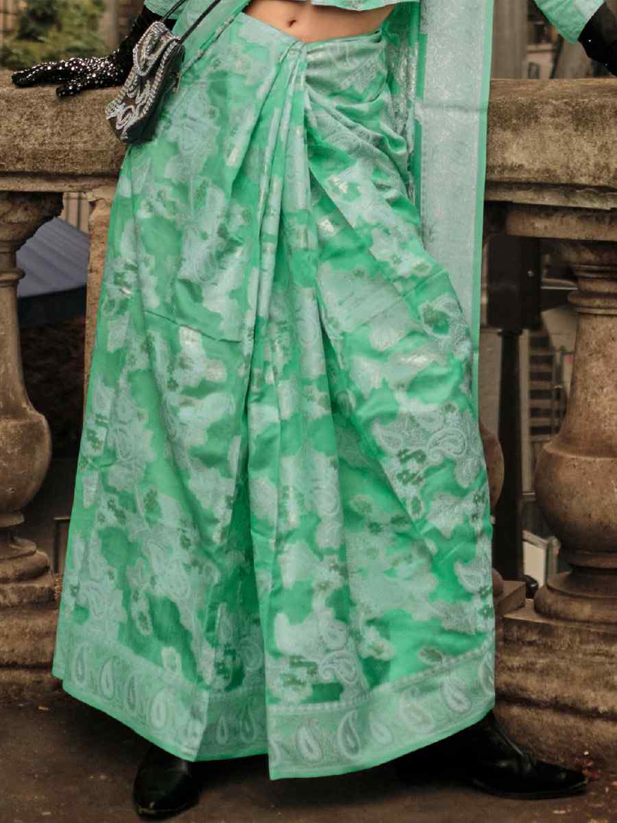 Sea Green Lucknowi Organza Handwoven Wedding Festival Heavy Border Saree