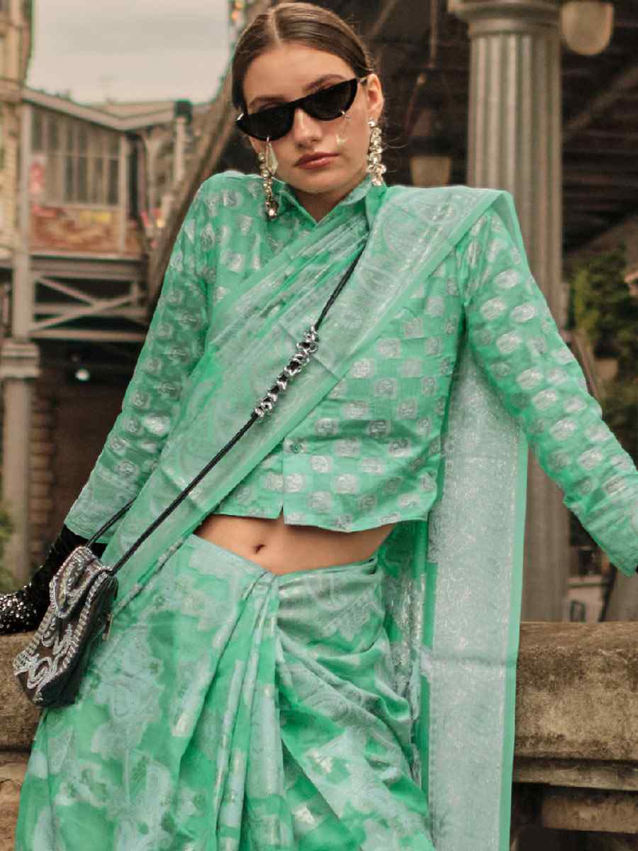 Sea Green Lucknowi Organza Handwoven Wedding Festival Heavy Border Saree