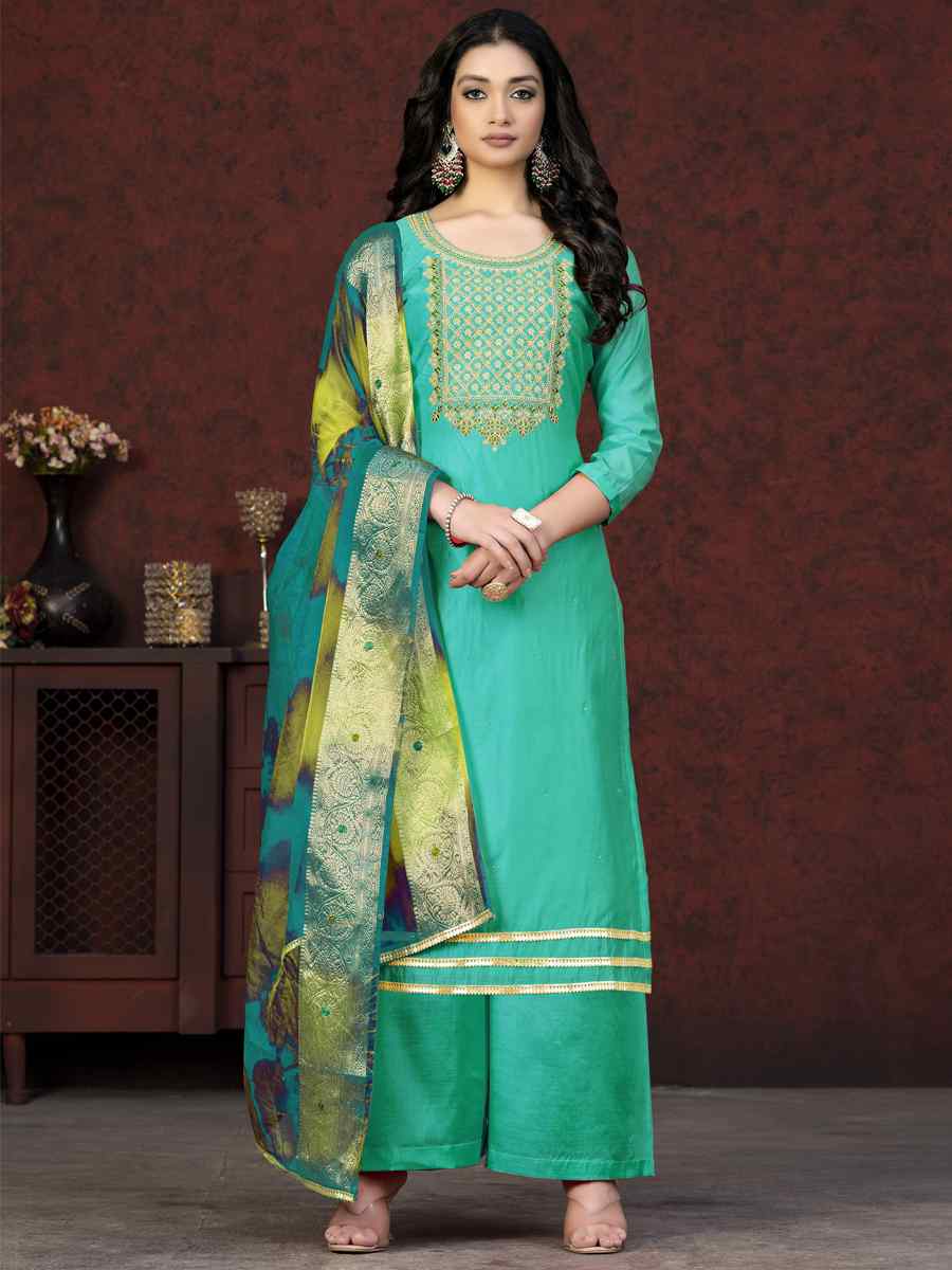 Sea Green Modal Chanderi Embroidered Casual Festival Pant Salwar Kameez