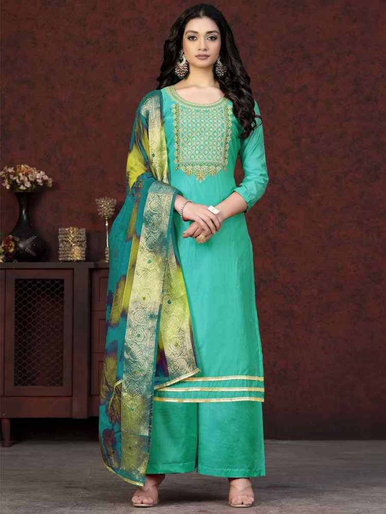 Sea Green Modal Chanderi Embroidered Casual Festival Pant Salwar Kameez