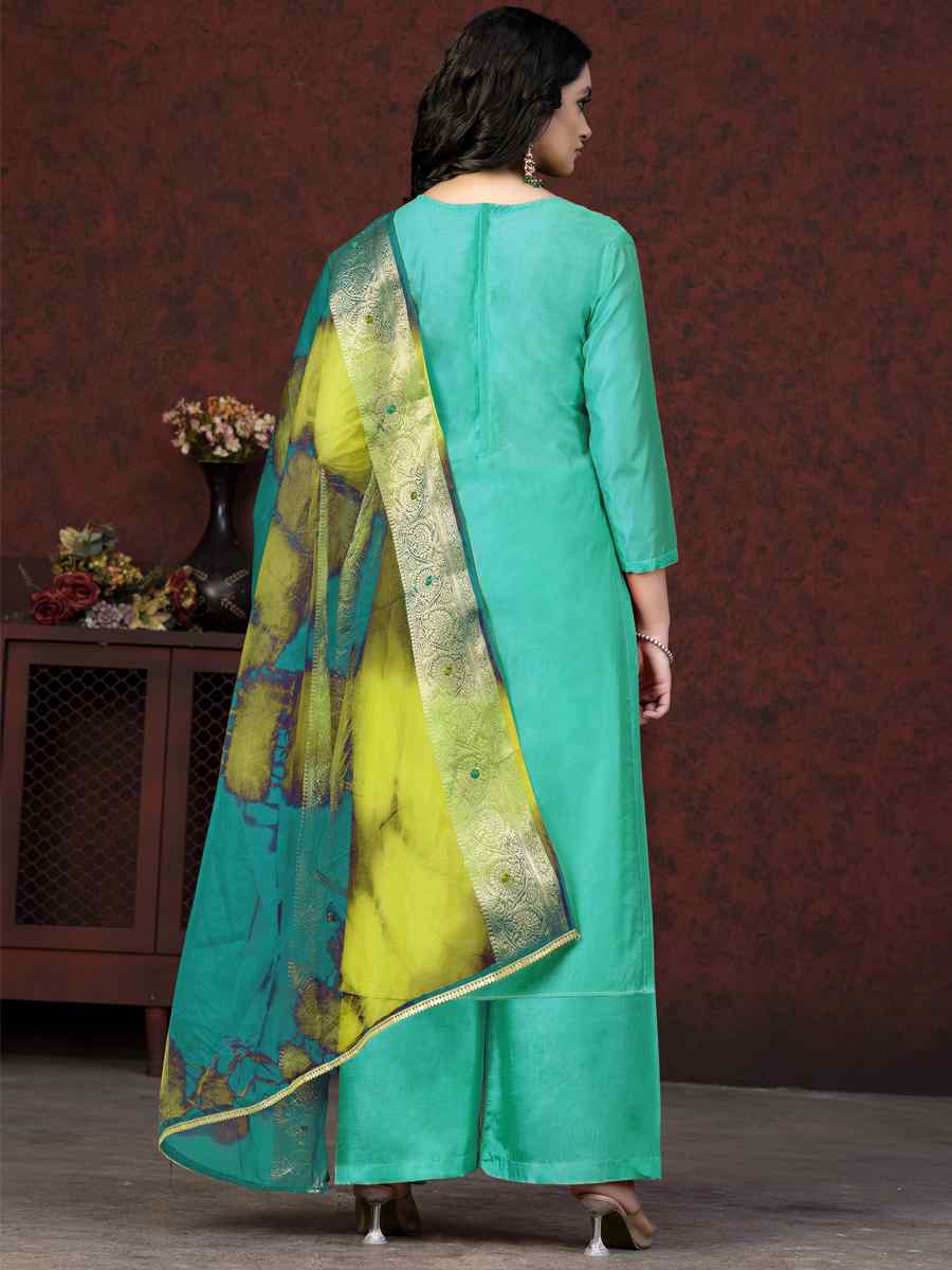 Sea Green Modal Chanderi Embroidered Casual Festival Pant Salwar Kameez