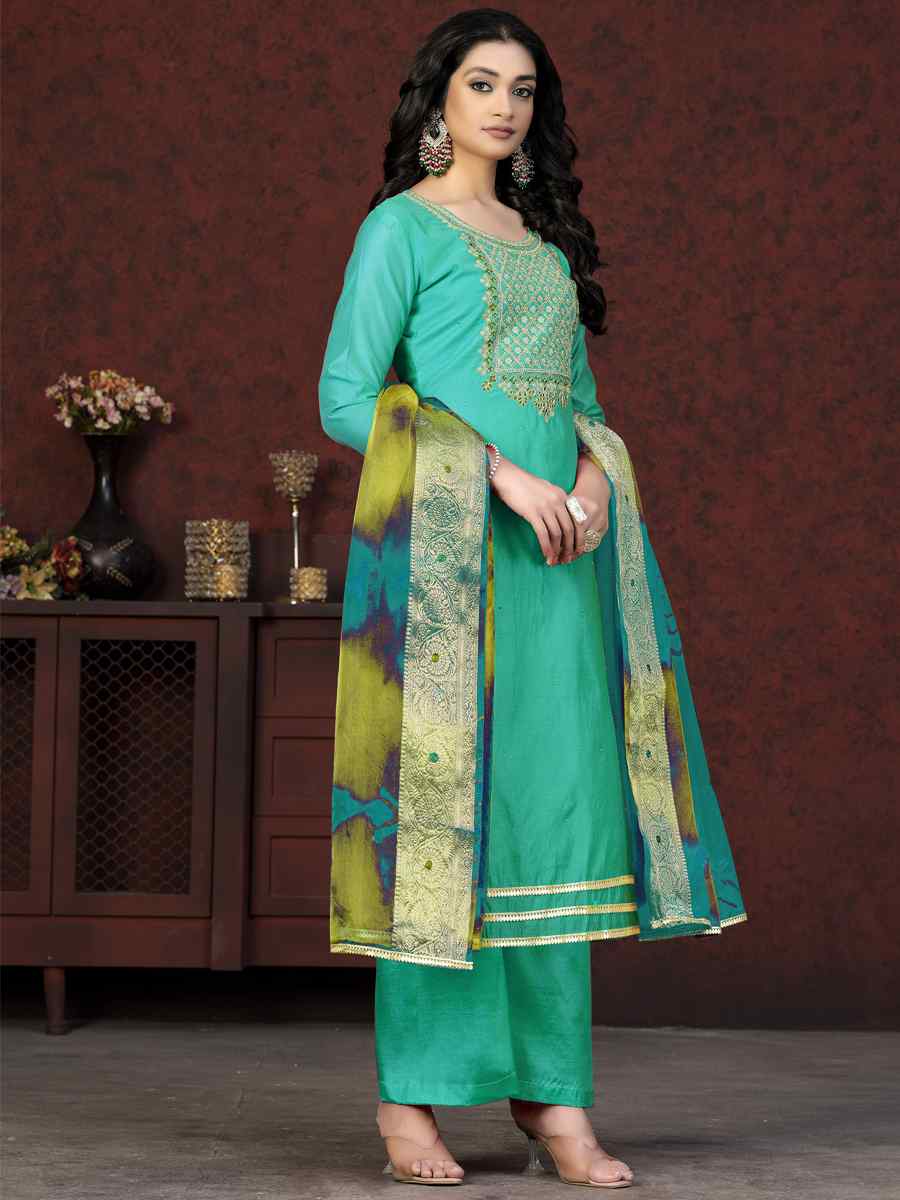 Sea Green Modal Chanderi Embroidered Casual Festival Pant Salwar Kameez