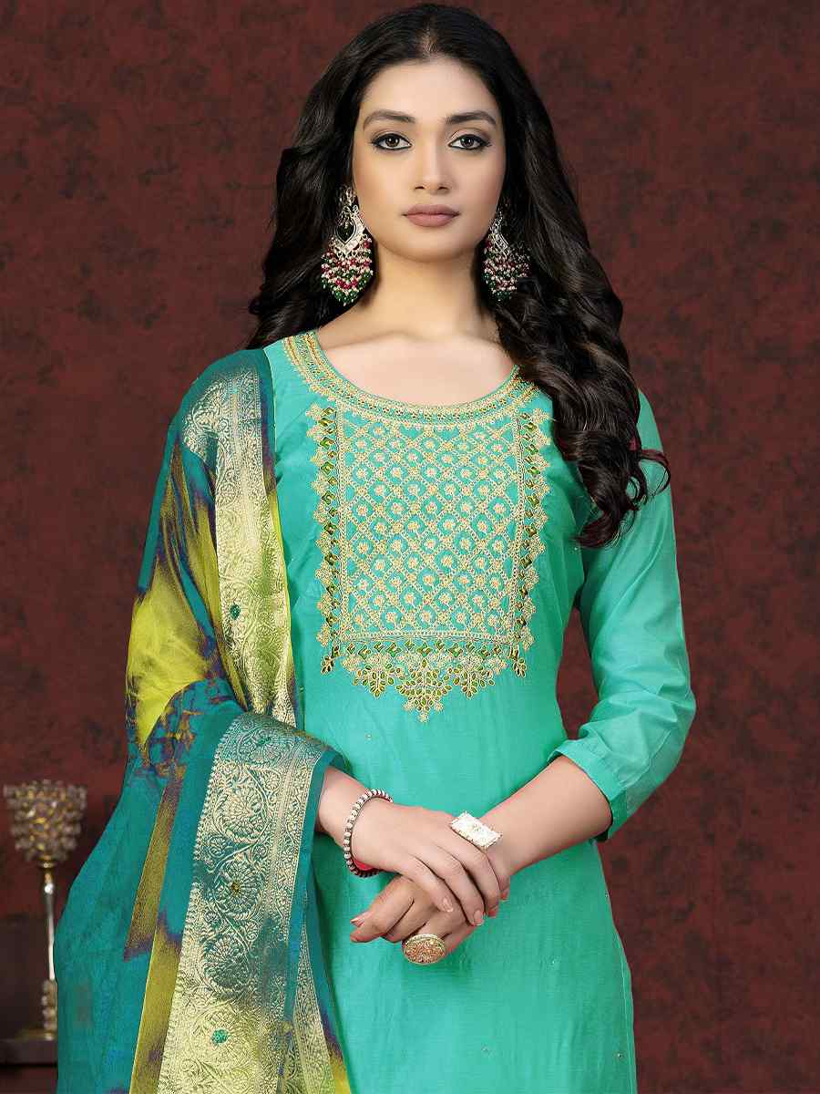 Sea Green Modal Chanderi Embroidered Casual Festival Pant Salwar Kameez