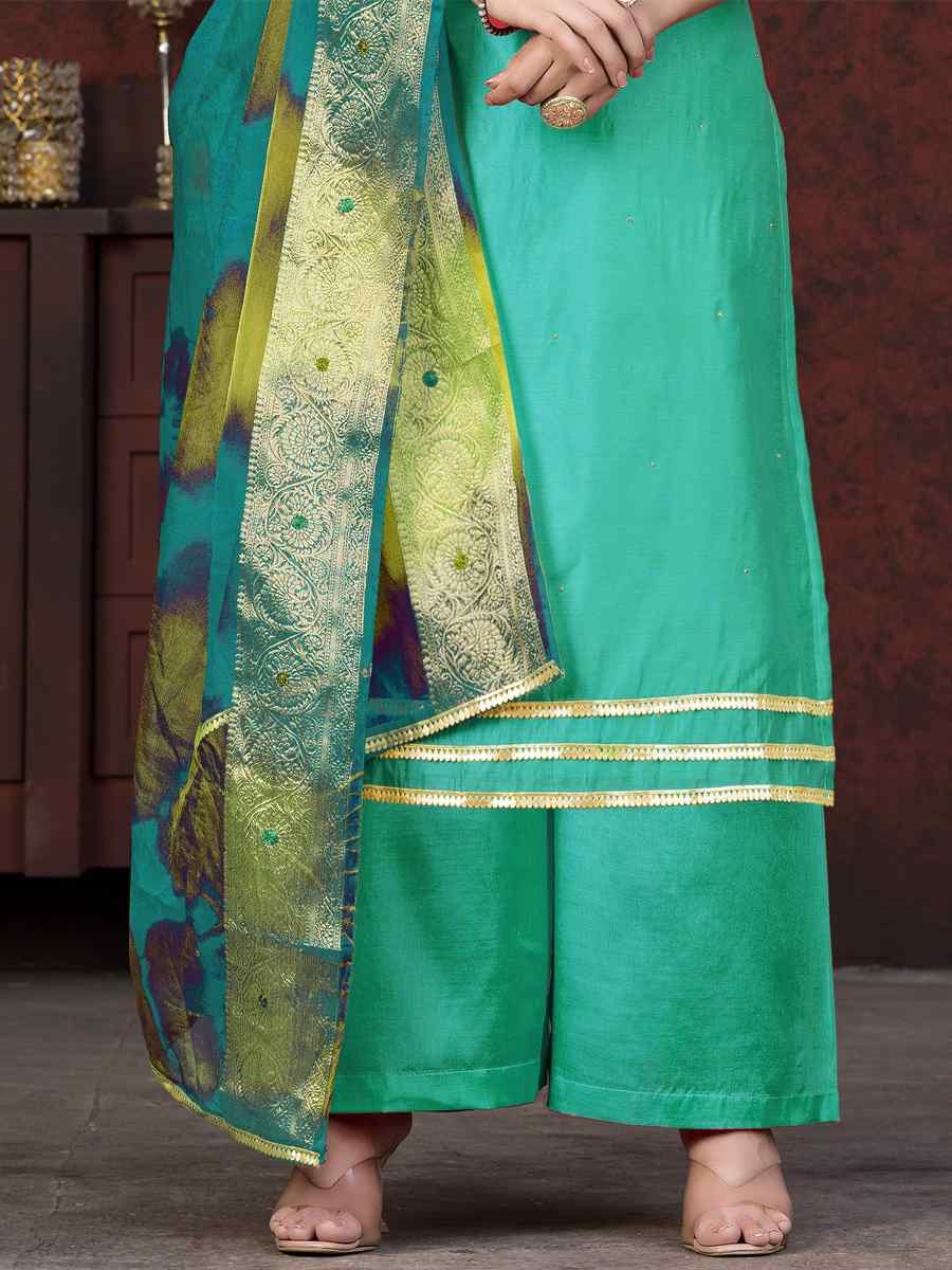 Sea Green Modal Chanderi Embroidered Casual Festival Pant Salwar Kameez
