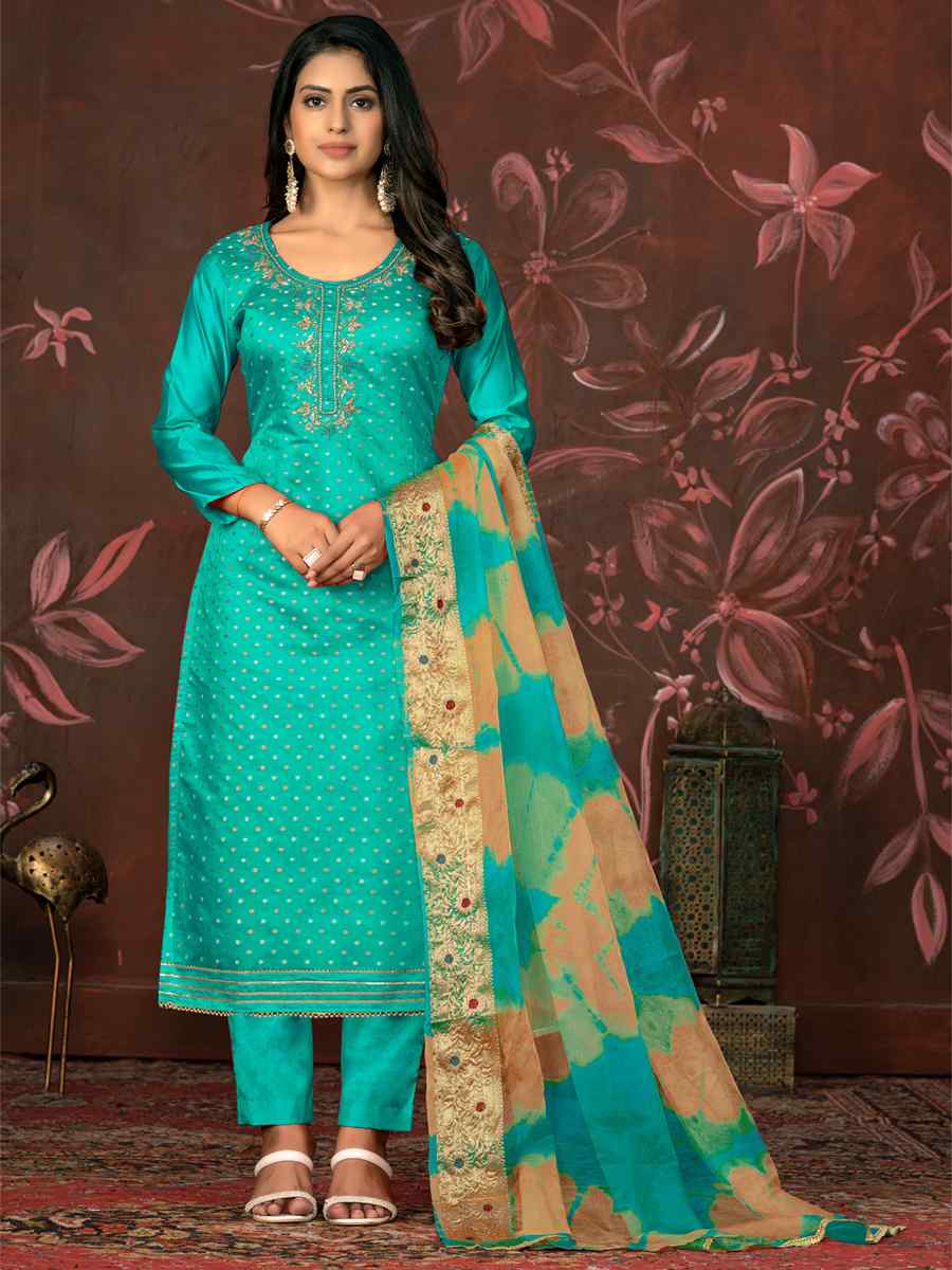 Sea Green Modal Cotton Jacquard Embroidered Casual Festival Pant Salwar Kameez