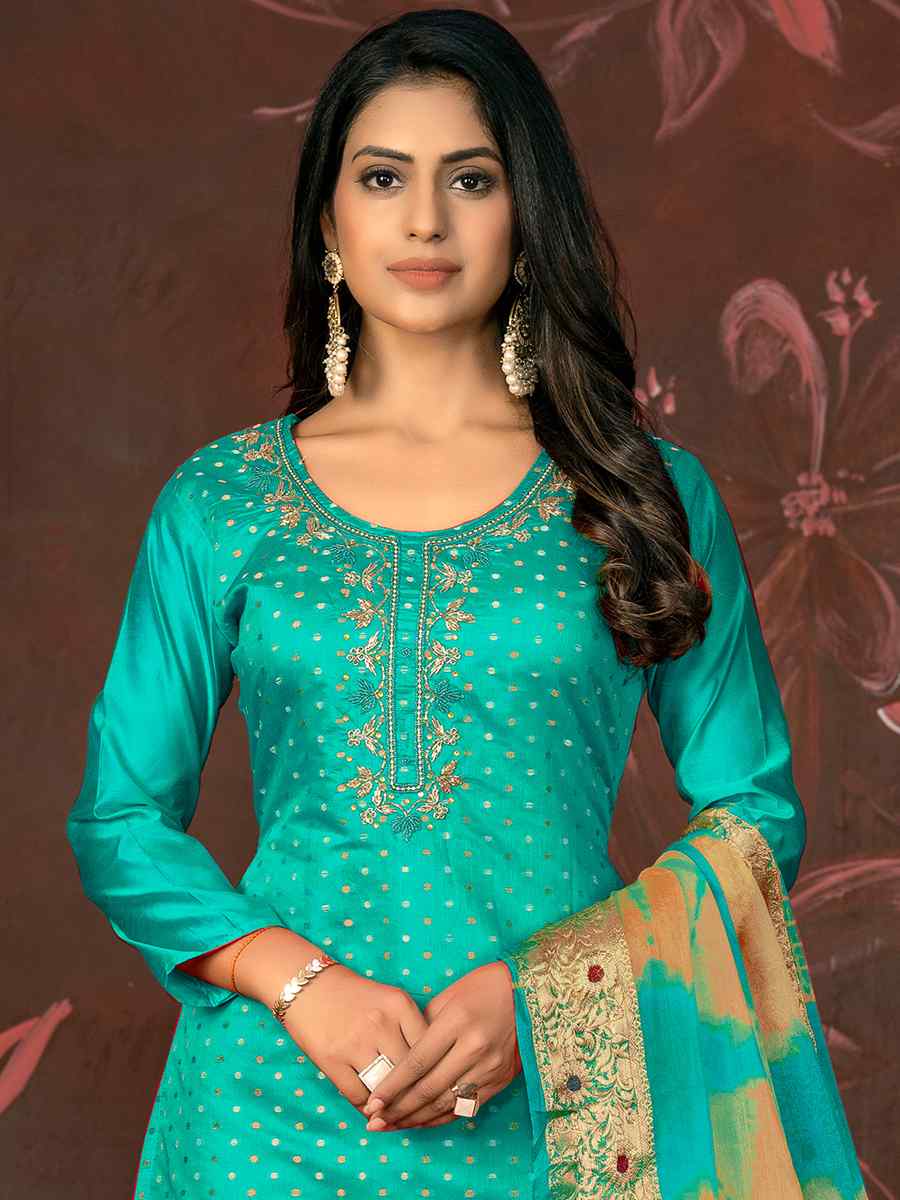 Sea Green Modal Cotton Jacquard Embroidered Casual Festival Pant Salwar Kameez