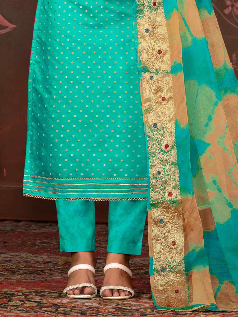 Sea Green Modal Cotton Jacquard Embroidered Casual Festival Pant Salwar Kameez