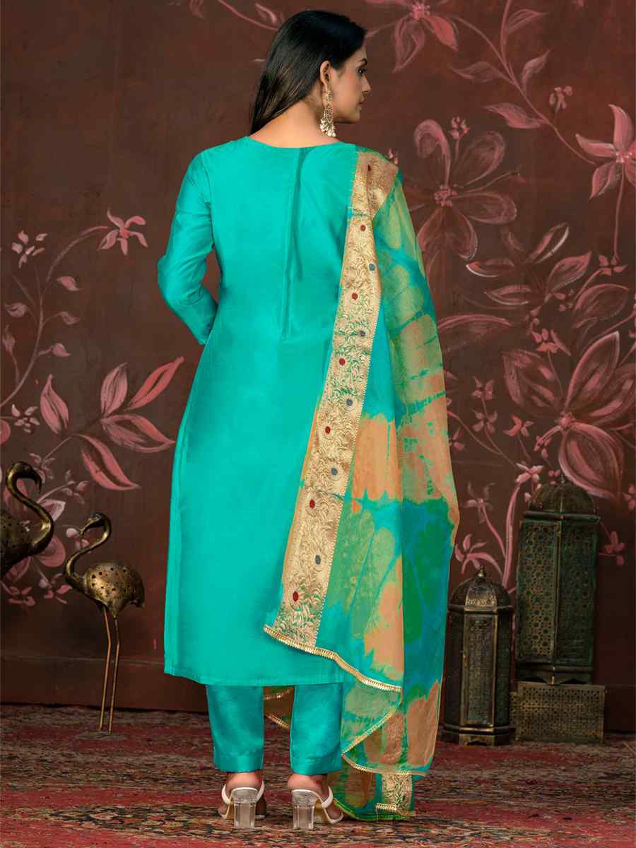 Sea Green Modal Cotton Jacquard Embroidered Casual Festival Pant Salwar Kameez