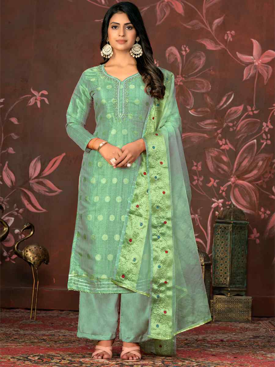 Sea Green Modal Cotton Jacquard Embroidered Casual Festival Pant Salwar Kameez