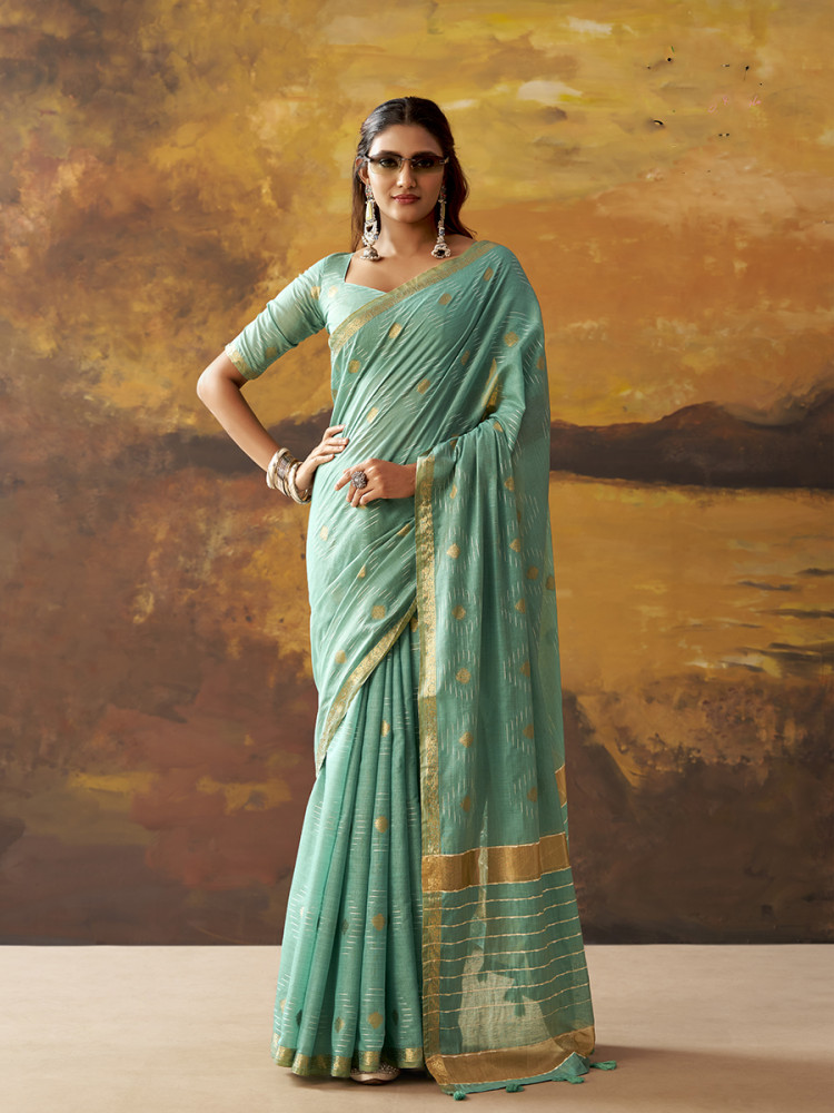 Image of Sea Green Modal Cotton Zari Weaving Wedding Reception Party Festival Casual Heavy Border Sarees