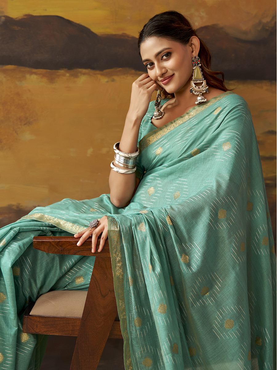 Sea Green Modal Cotton Zari Weaving Wedding Reception Party Festival Casual Heavy Border Sarees