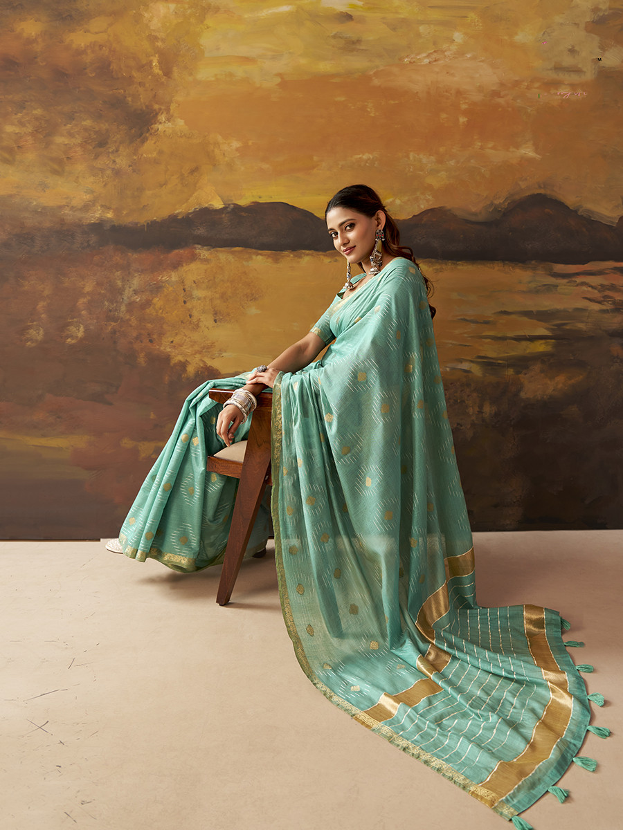 Sea Green Modal Cotton Zari Weaving Wedding Reception Party Festival Casual Heavy Border Sarees
