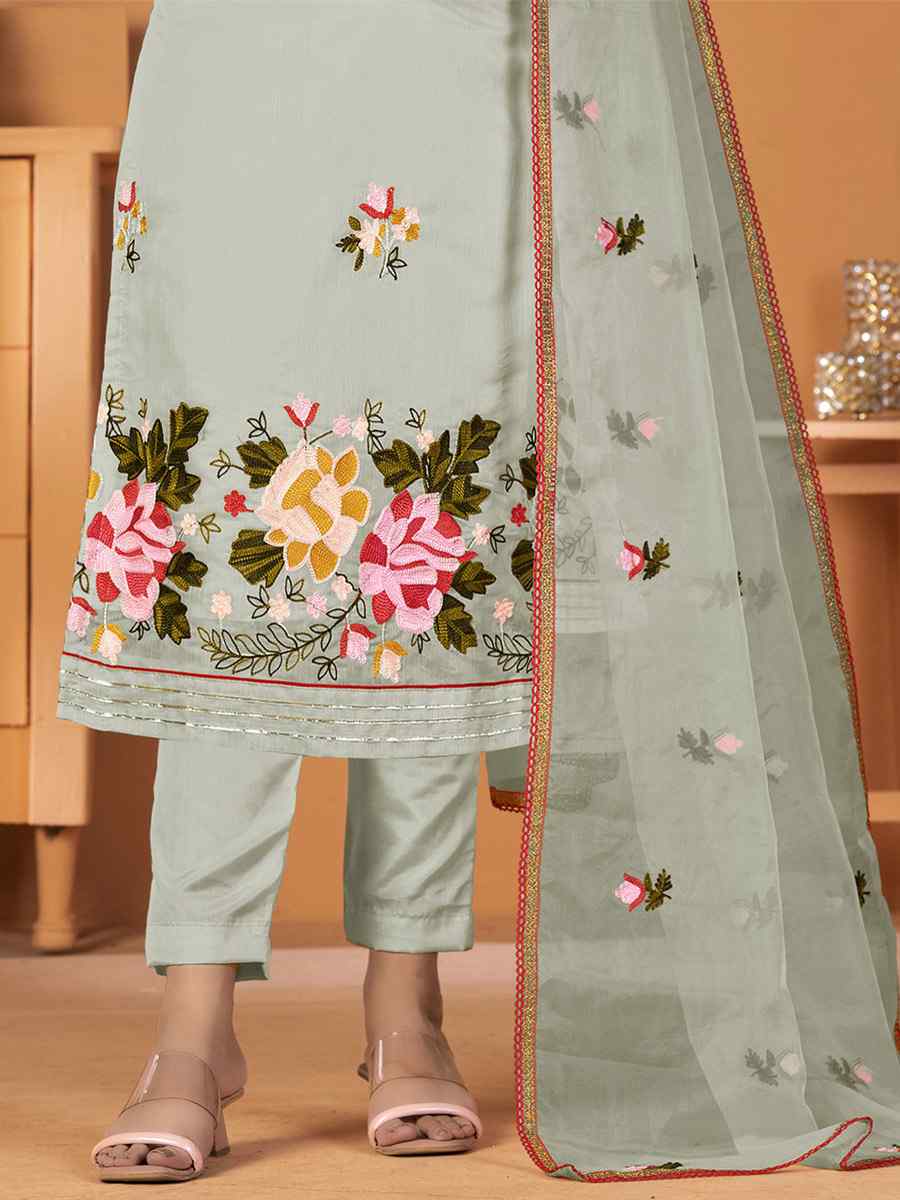 Sea Green Modal Silk Embroidered Casual Festival Pant Salwar Kameez