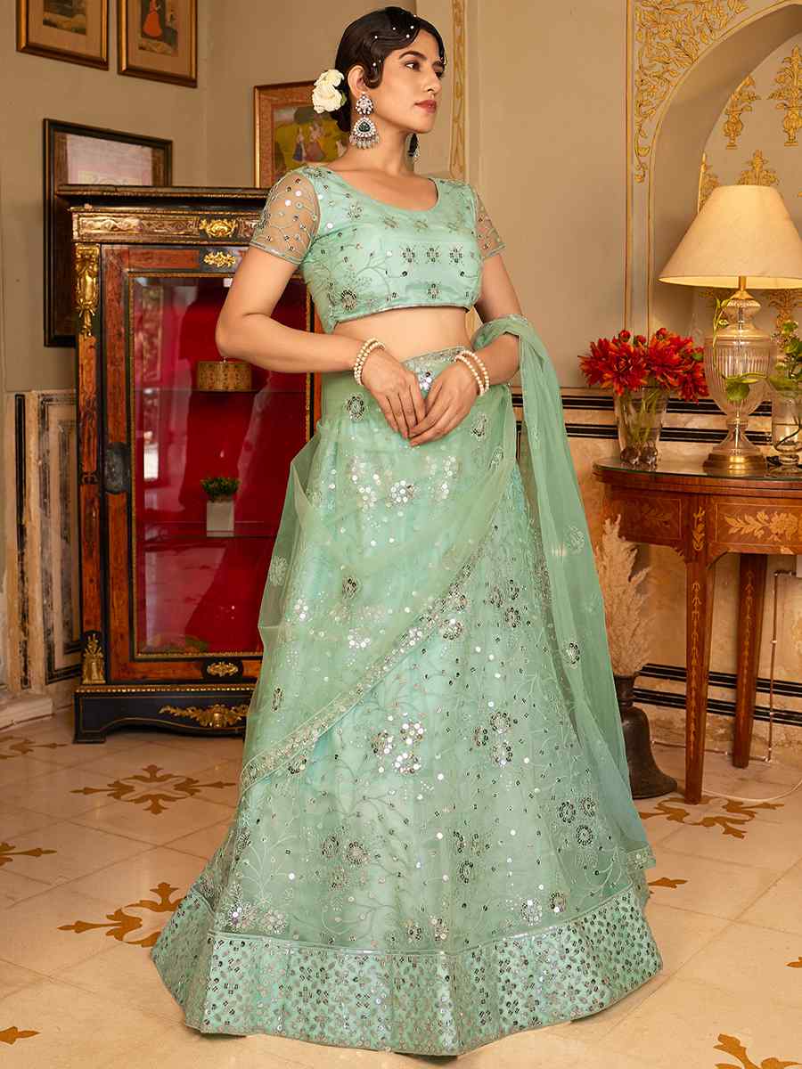 Sea Green Net Embroidered Bridesmaid Wedding Heavy Border Lehenga Choli
