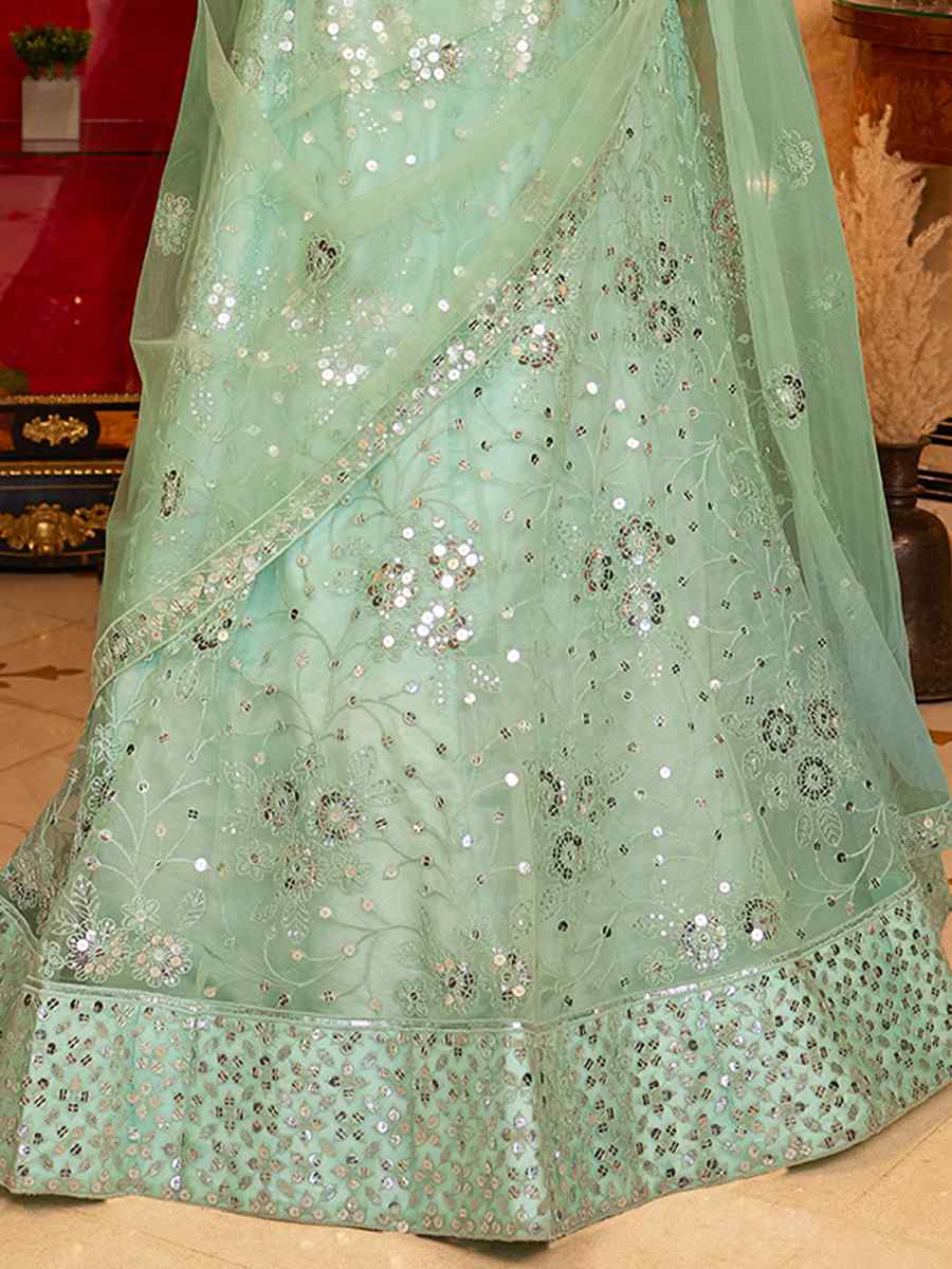 Sea Green Net Embroidered Bridesmaid Wedding Heavy Border Lehenga Choli