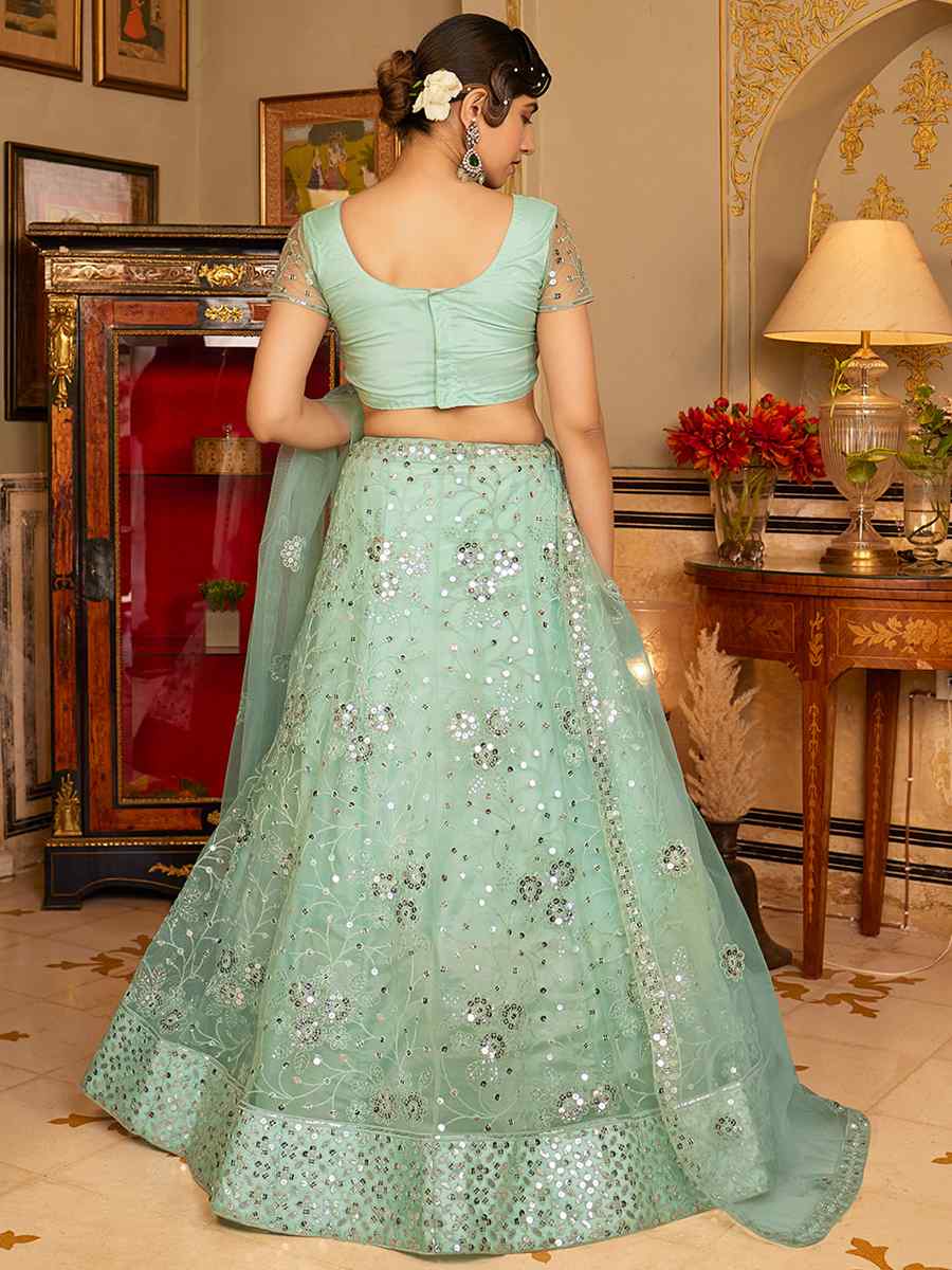 Sea Green Net Embroidered Bridesmaid Wedding Heavy Border Lehenga Choli