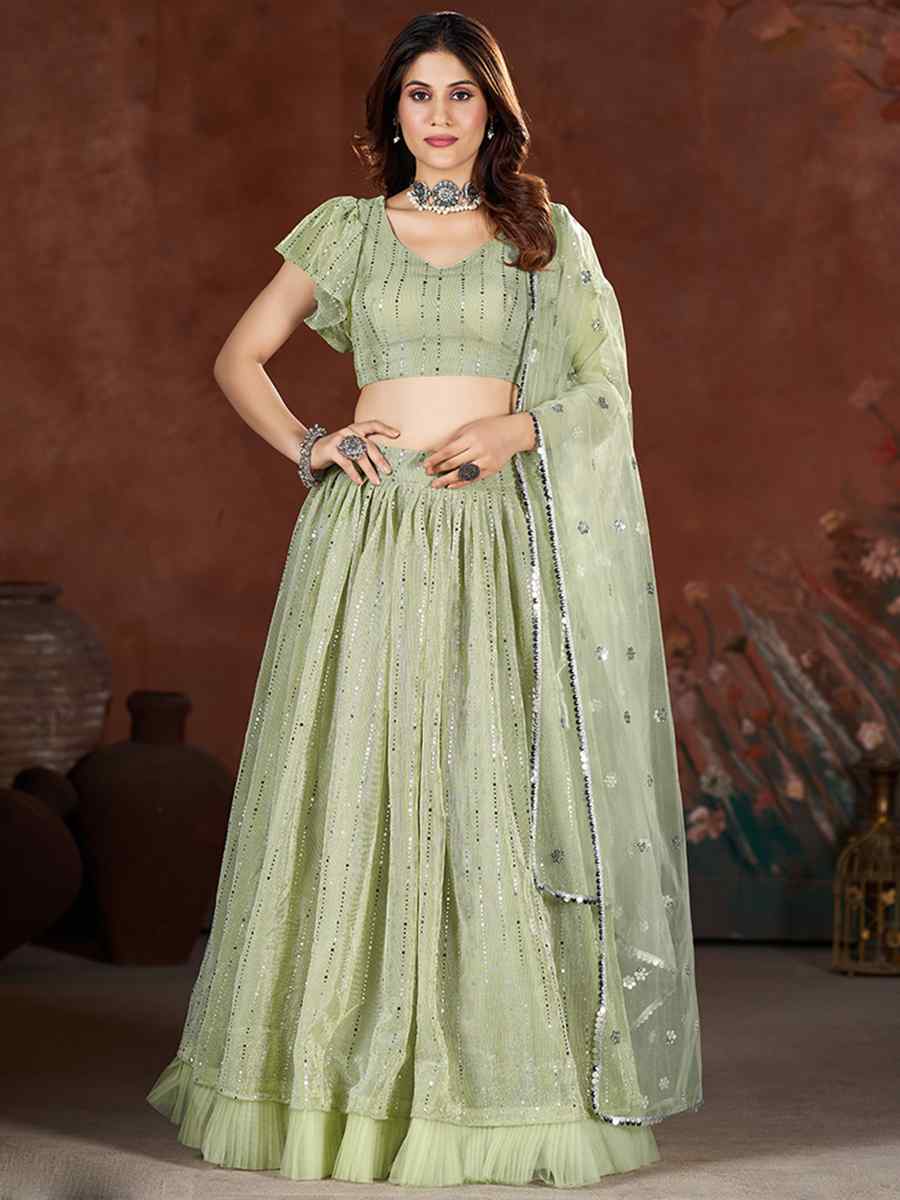 Sea Green Net Embroidered Bridesmaid Wedding Heavy Border Lehenga Choli