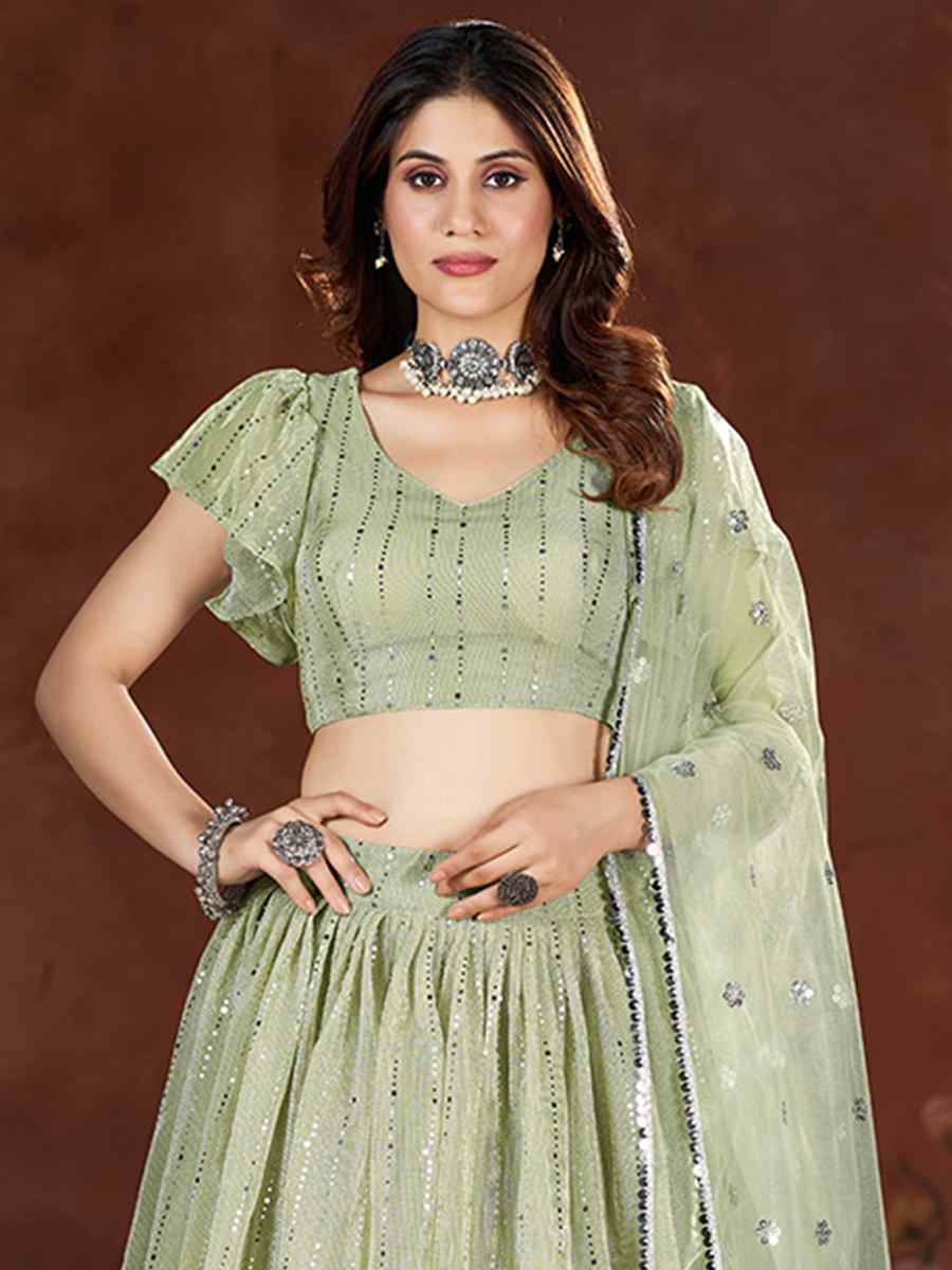 Sea Green Net Embroidered Bridesmaid Wedding Heavy Border Lehenga Choli