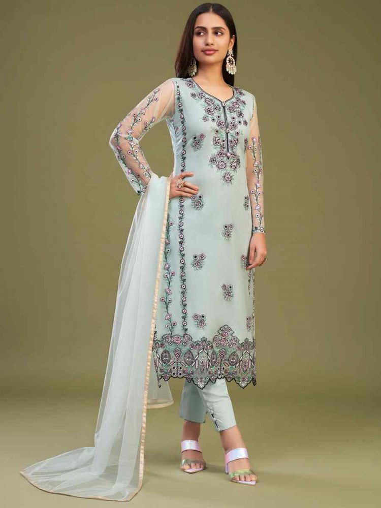 Sea Green Net Embroidered Festival Casual Pant Salwar Kameez