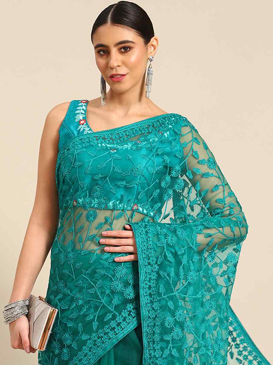 Sea Green Net Embroidered Festival Party Heavy Border Saree