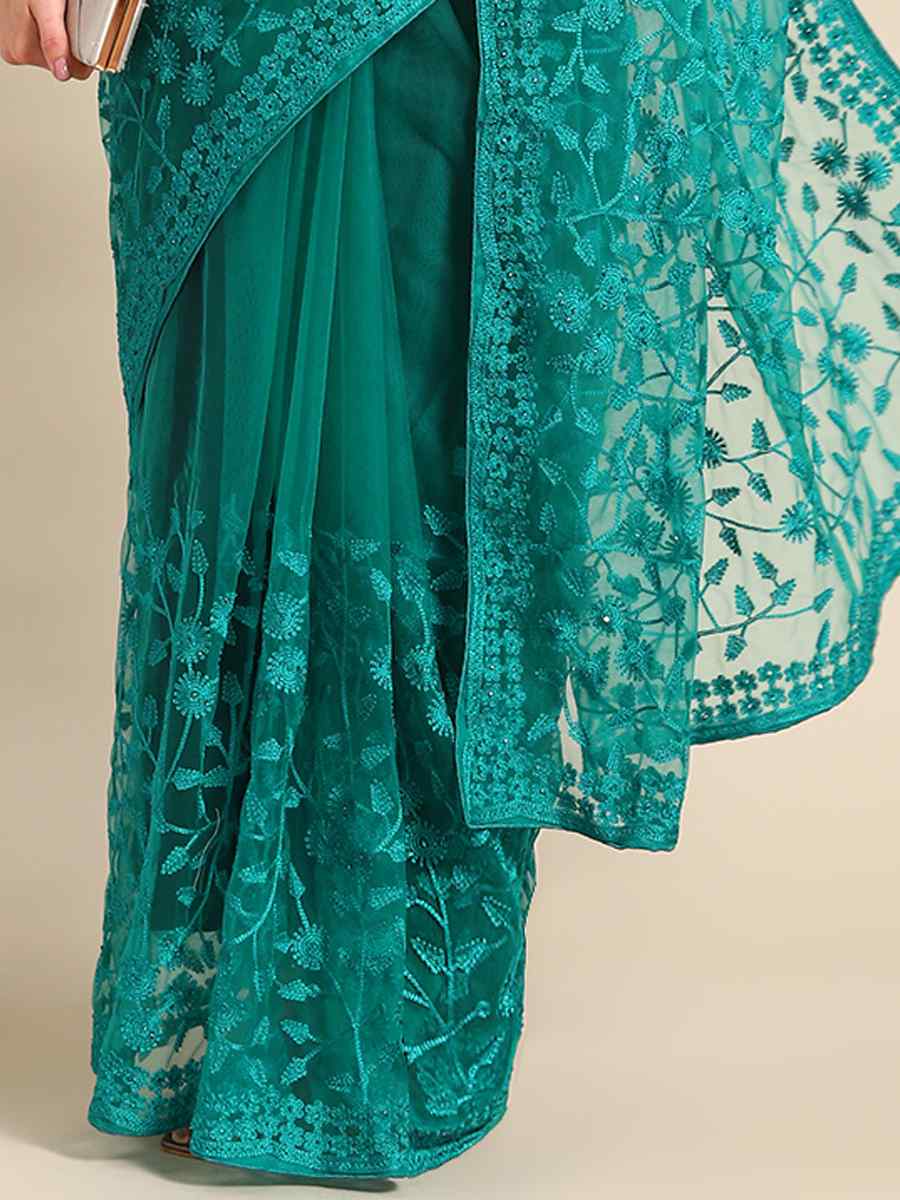 Sea Green Net Embroidered Festival Party Heavy Border Saree