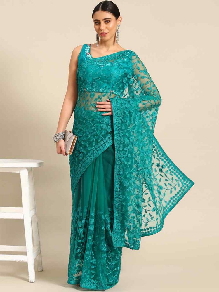 Sea Green Net Embroidered Festival Party Heavy Border Saree