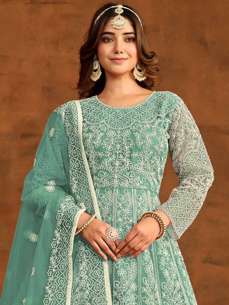 Sea Green Net Embroidered Festival Wedding Anarkali Salwar Kameez