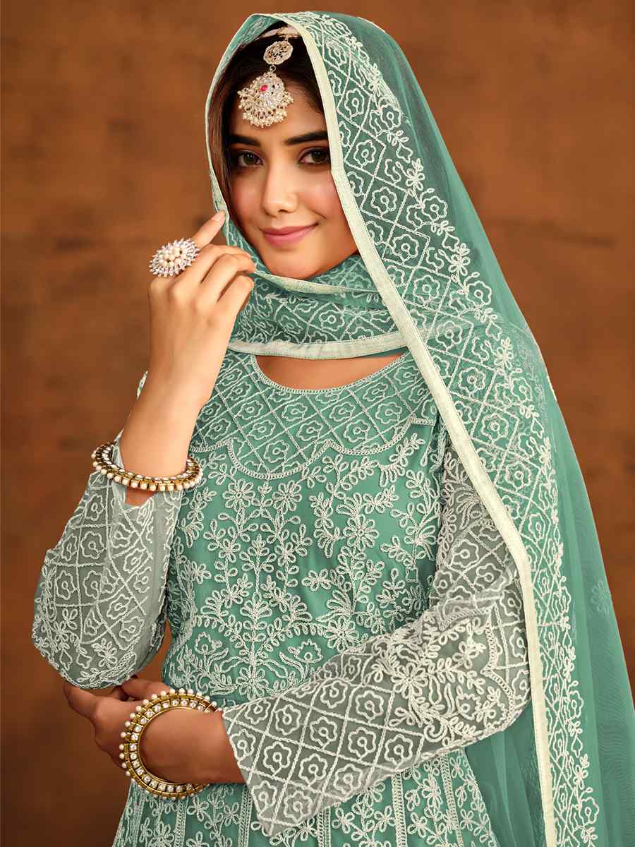 Sea Green Net Embroidered Festival Wedding Anarkali Salwar Kameez