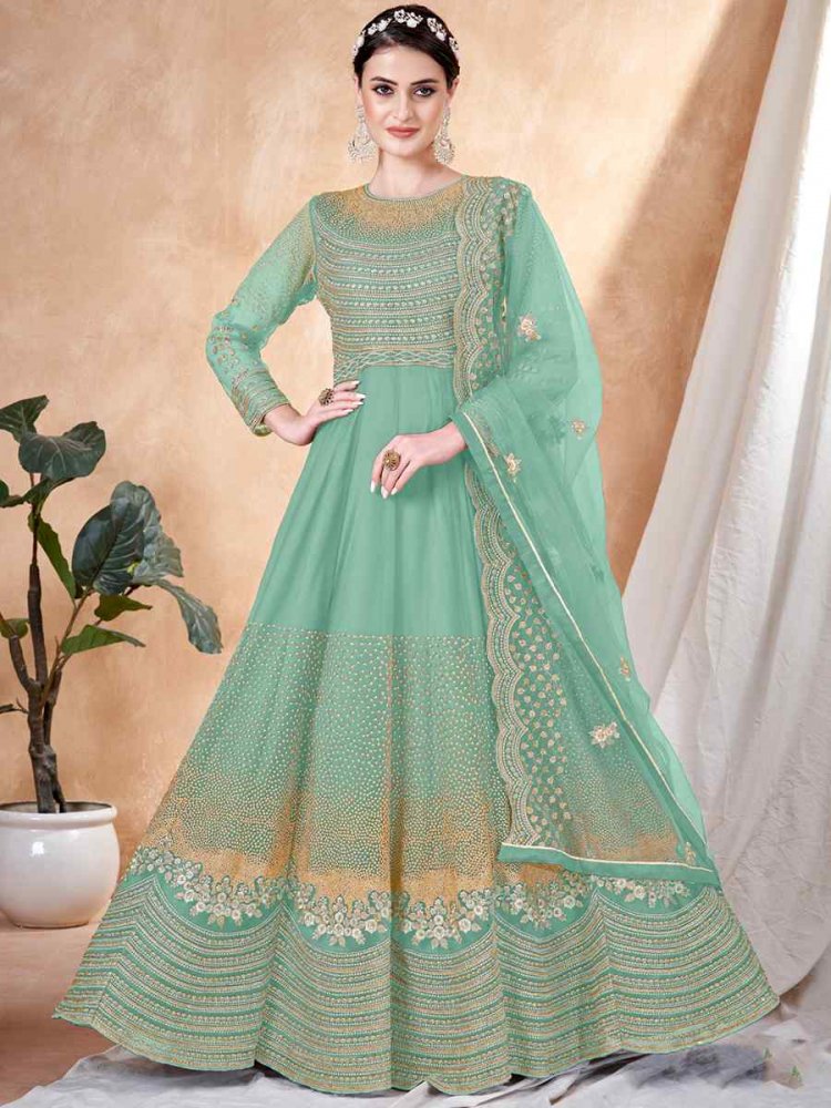 Sea Green Net Embroidered Festival Wedding Anarkali Salwar Kameez