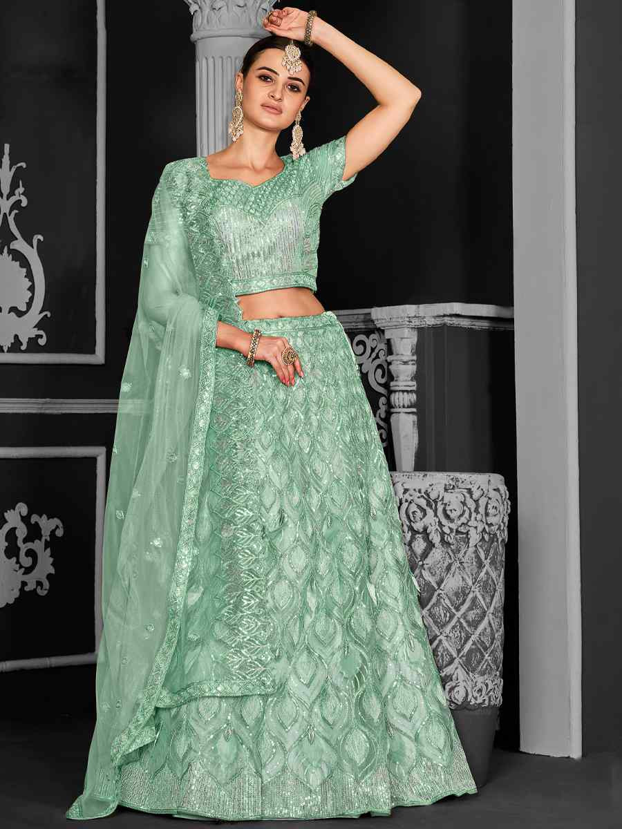 Sea Green Net Embroidered Festival Wedding Ceremony Circular Lehenga Choli
