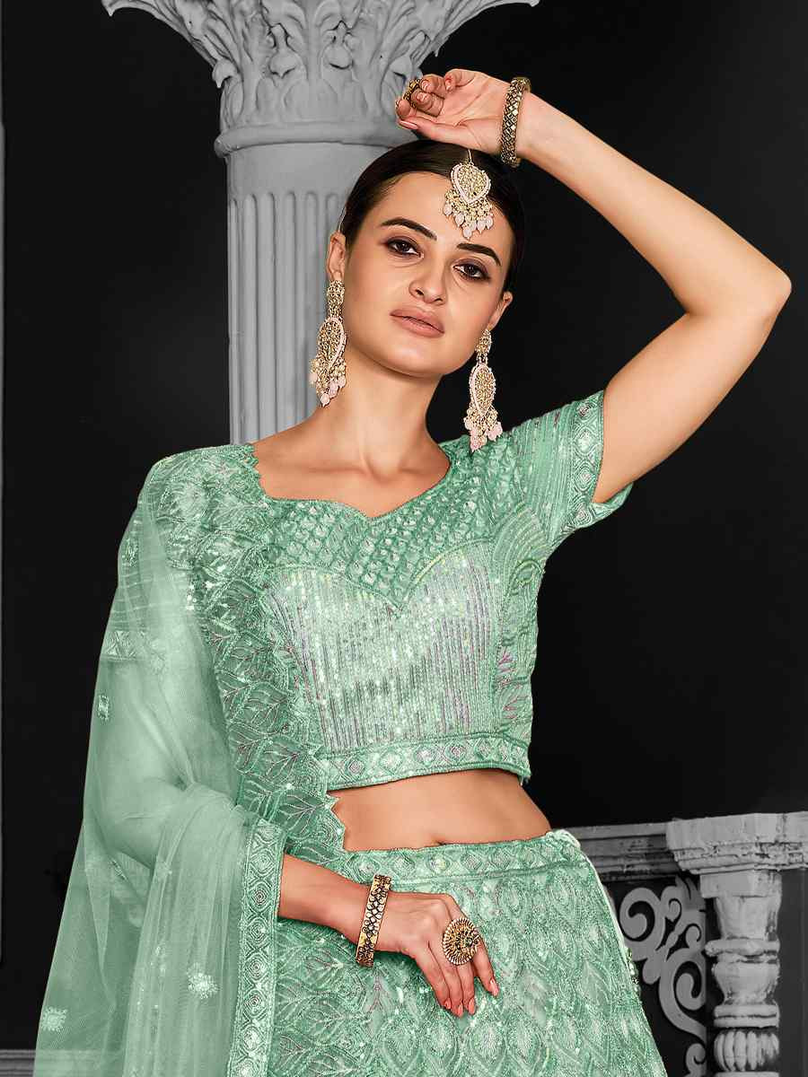 Sea Green Net Embroidered Festival Wedding Ceremony Circular Lehenga Choli