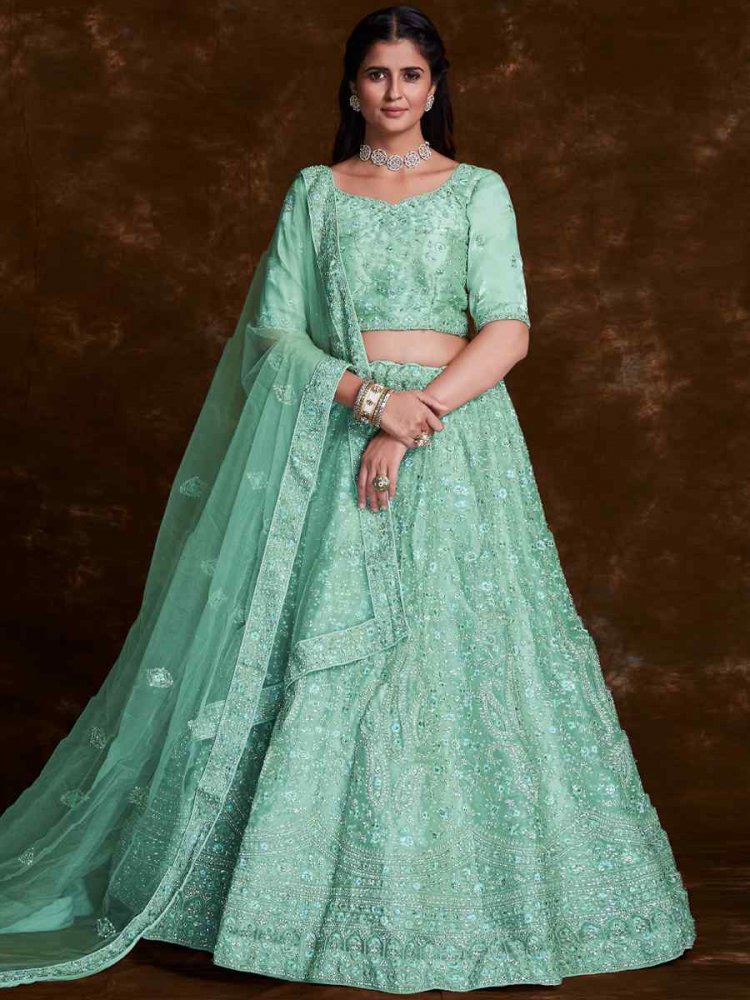 Sea Green Organza Embroidered Bridal Wedding Heavy Border Lehenga Choli
