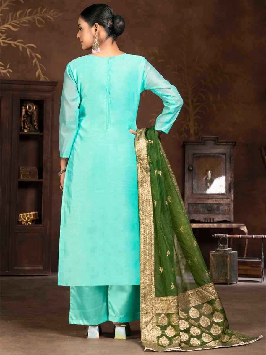 Sea Green Organza Embroidered Casual Festival Pant Salwar Kameez