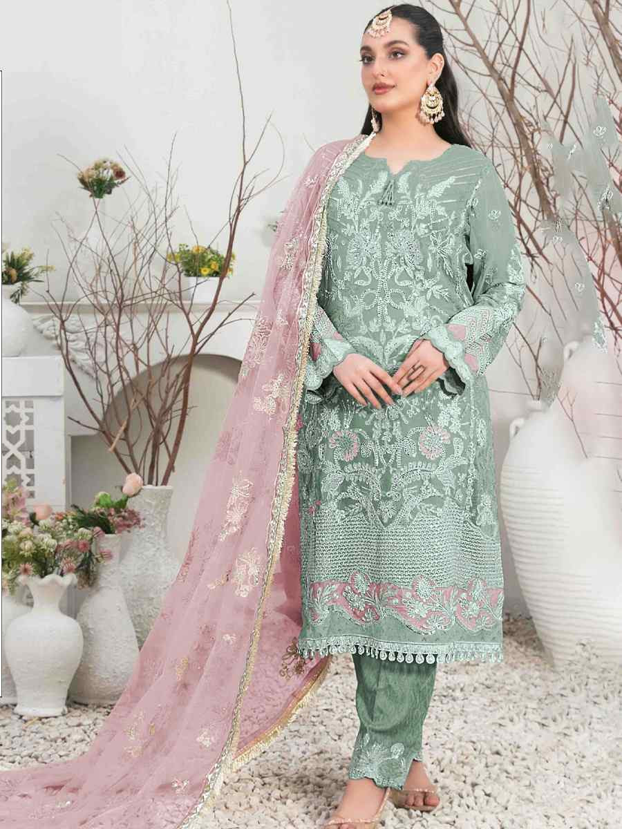 Sea Green Organza Embroidered Festival Casual Pant Salwar Kameez