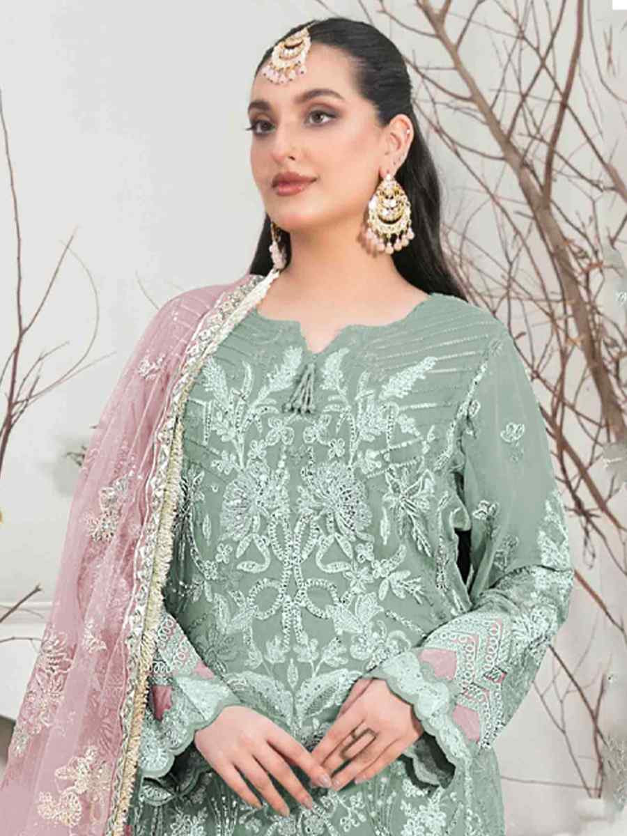 Sea Green Organza Embroidered Festival Casual Pant Salwar Kameez