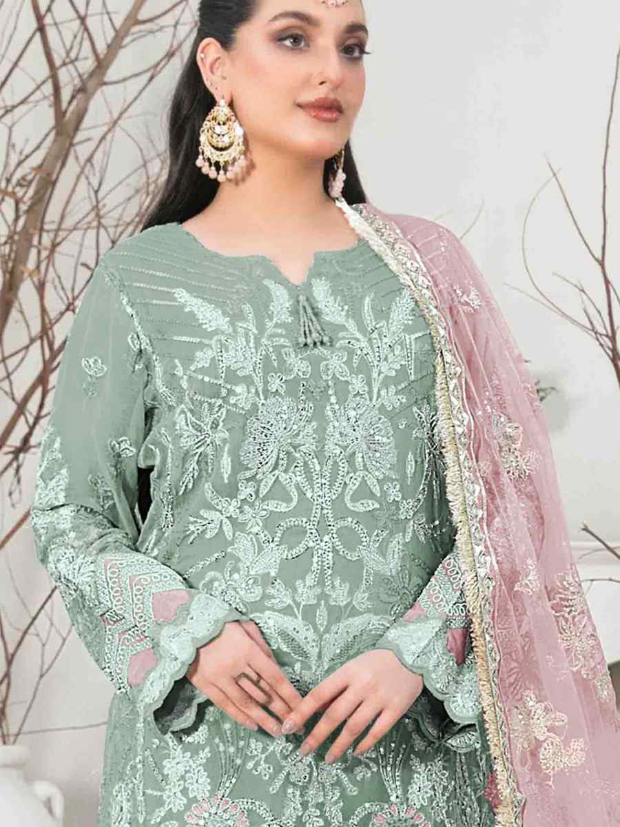 Sea Green Organza Embroidered Festival Casual Pant Salwar Kameez