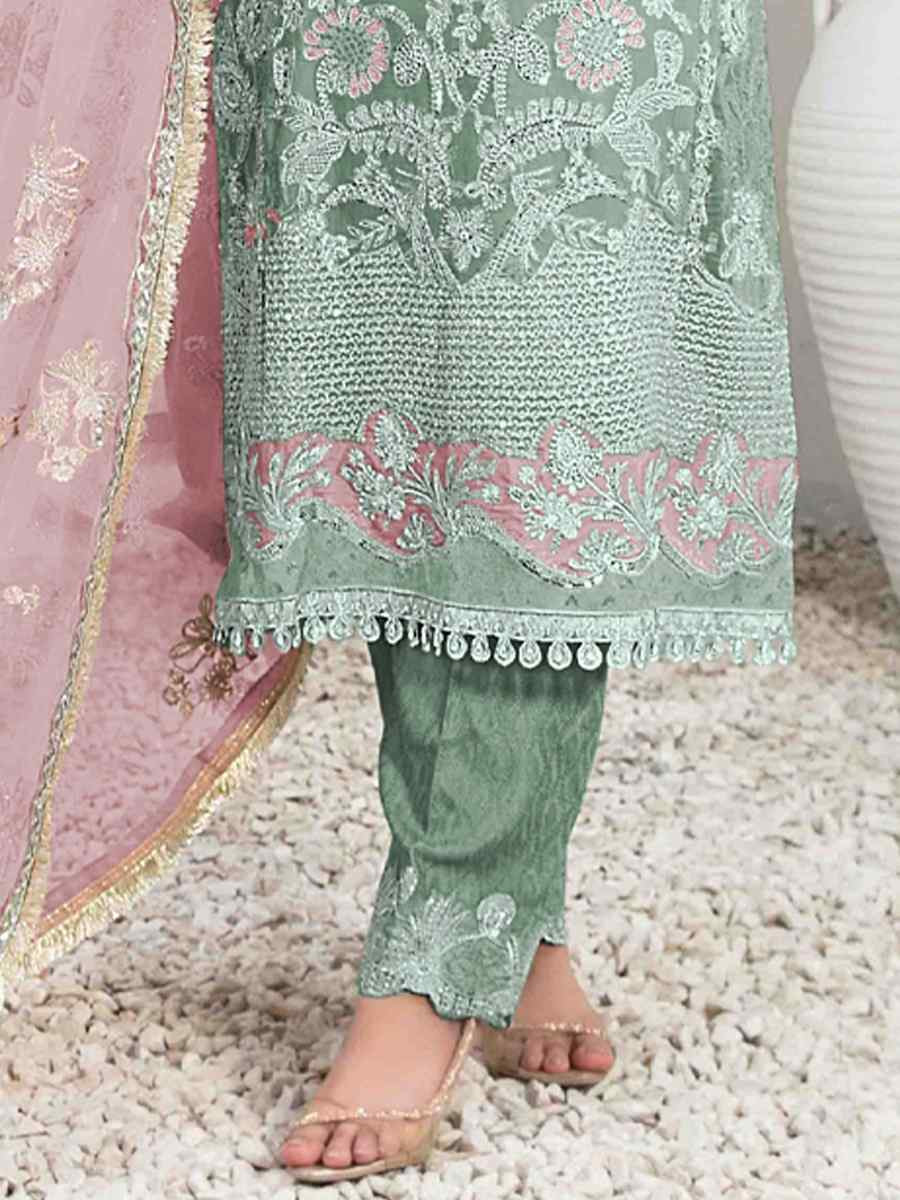Sea Green Organza Embroidered Festival Casual Pant Salwar Kameez