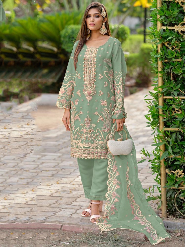 Sea Green Organza Embroidered Festival Party Ready Pant Salwar Kameez