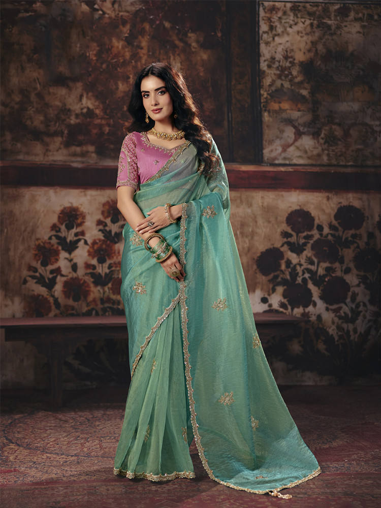 Image of Sea Green Organza Embroidery Sequins Zari Wedding Reception Party Festival Casual Heavy Border Sarees
