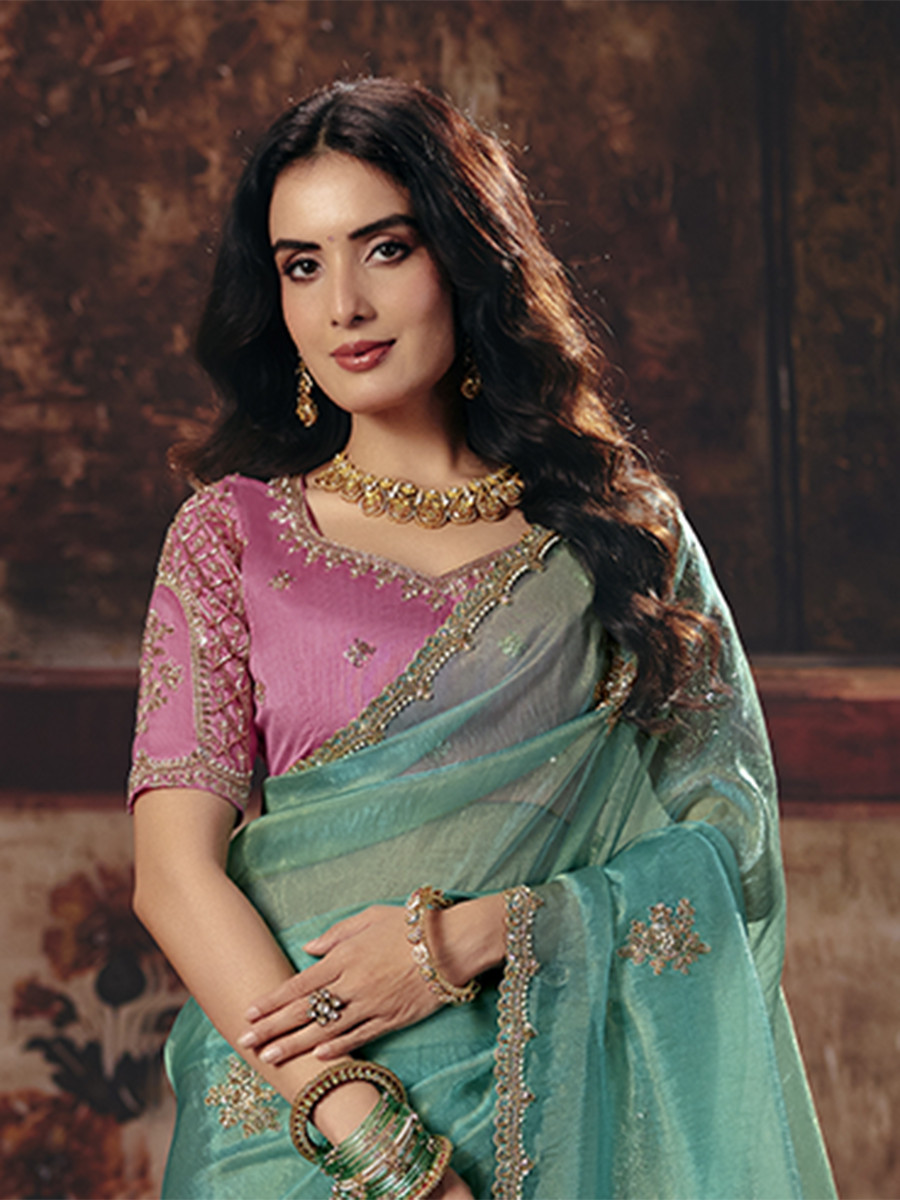 Sea Green Organza Embroidery Sequins Zari Wedding Reception Party Festival Casual Heavy Border Sarees