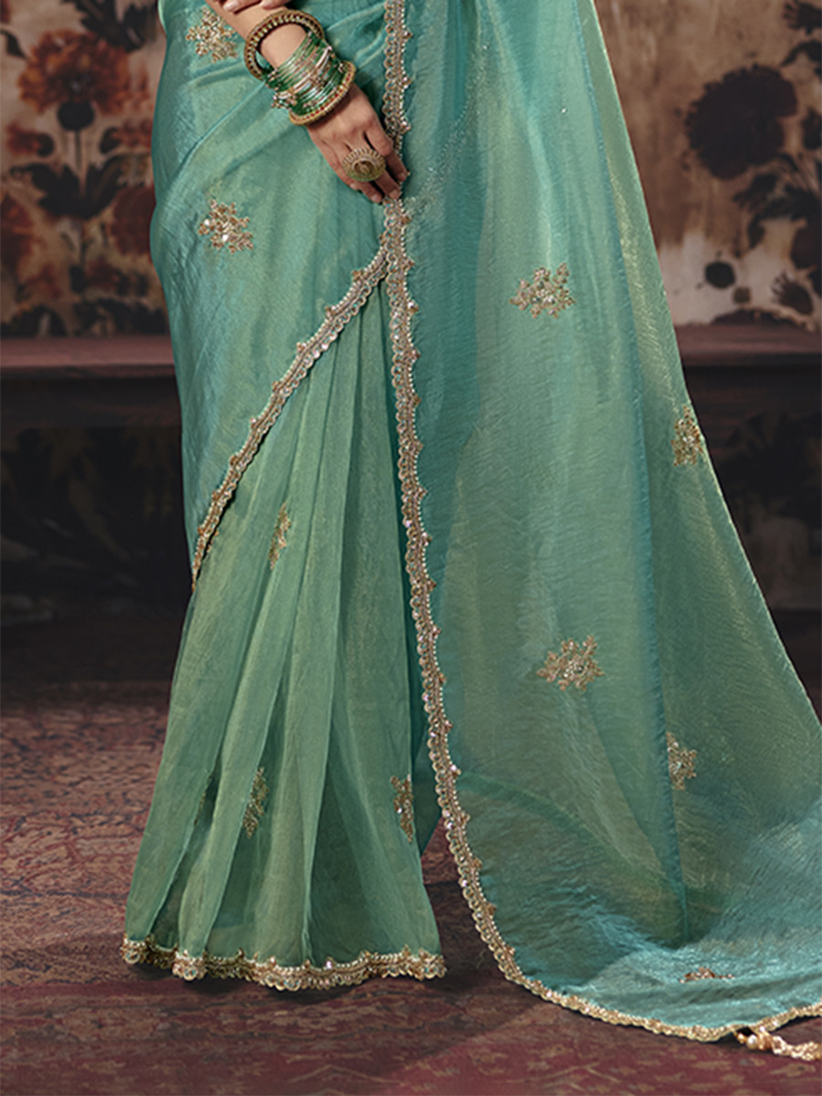 Sea Green Organza Embroidery Sequins Zari Wedding Reception Party Festival Casual Heavy Border Sarees