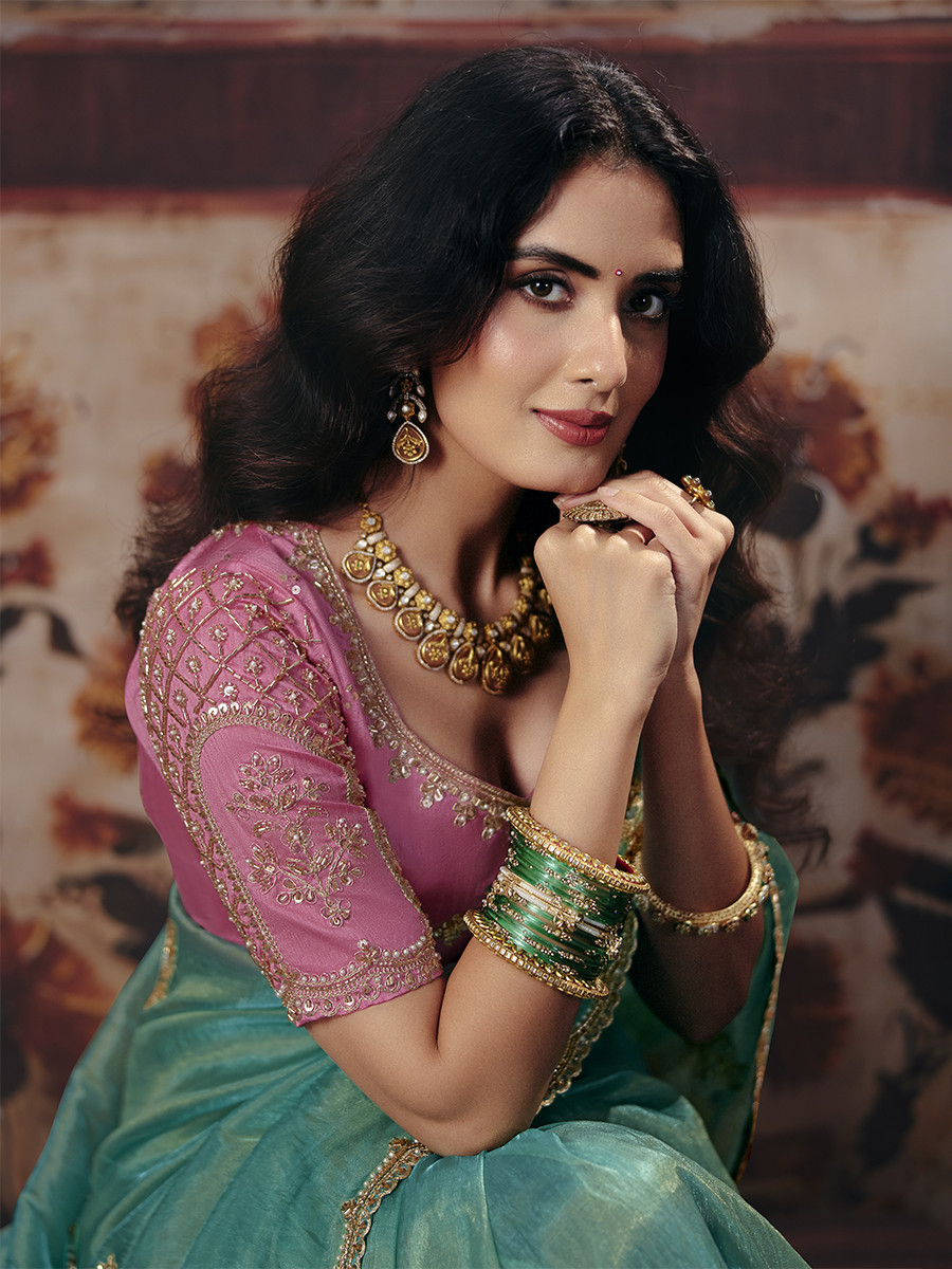 Sea Green Organza Embroidery Sequins Zari Wedding Reception Party Festival Casual Heavy Border Sarees