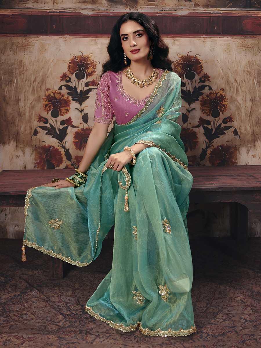 Sea Green Organza Embroidery Sequins Zari Wedding Reception Party Festival Casual Heavy Border Sarees