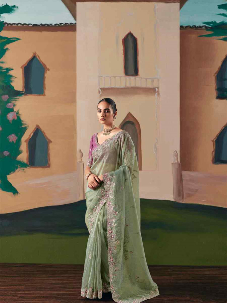 Image of Sea Green Organza Embroidery Zari Bridal Reception Festival Wedding Fancy Heavy Border Saree